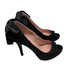 Betsey Johnson Black Satin Bow Pumps Heels Casey Peep Toe Size 8.5 M